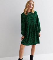 New Look Green Floral Long Puff Sleeve Mini Smock Dress